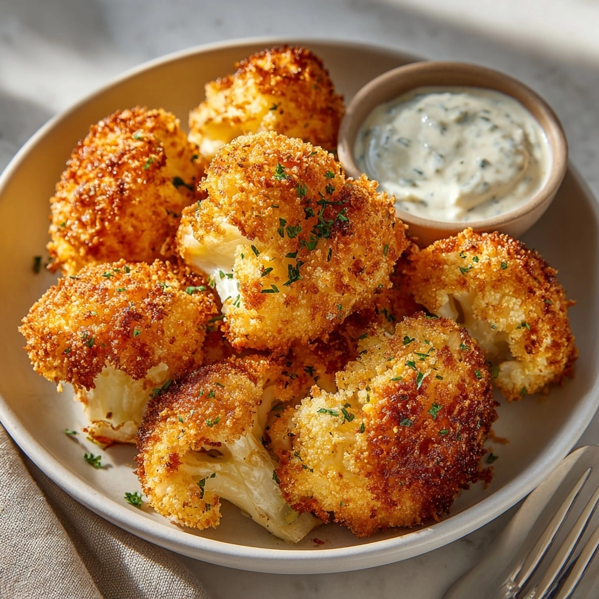 A close-up of delicious Crispy Coconut Cauliflower Bites, with a perfect, crunchy coconut coating.