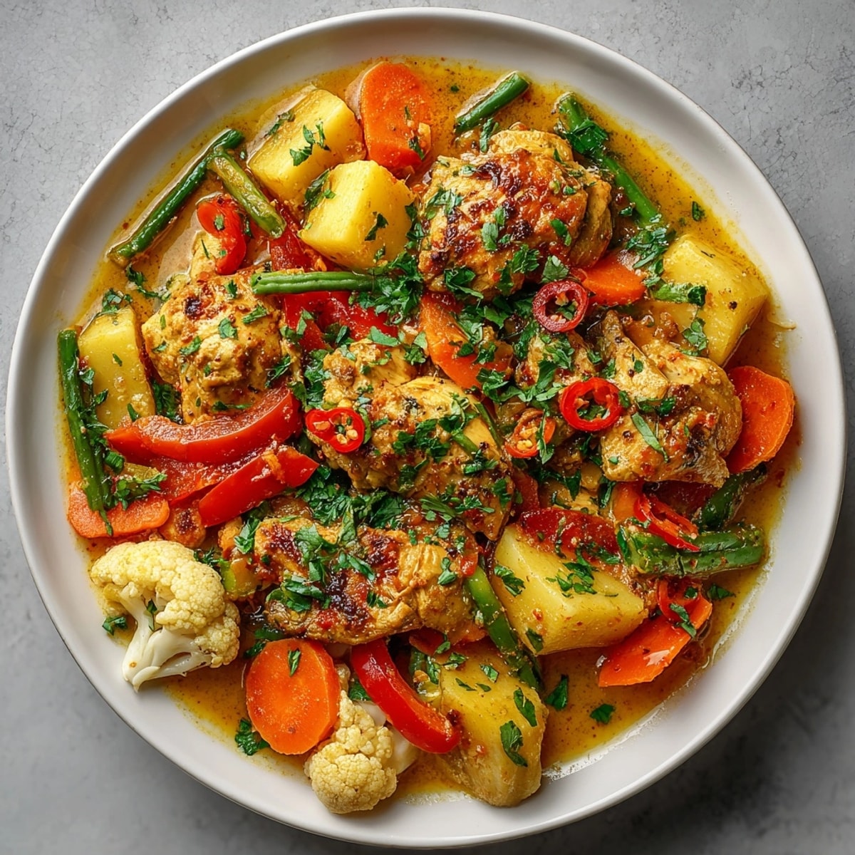 Close-up of creamy, delicious Chicken and Vegetable Curry, perfect for a family dinner.