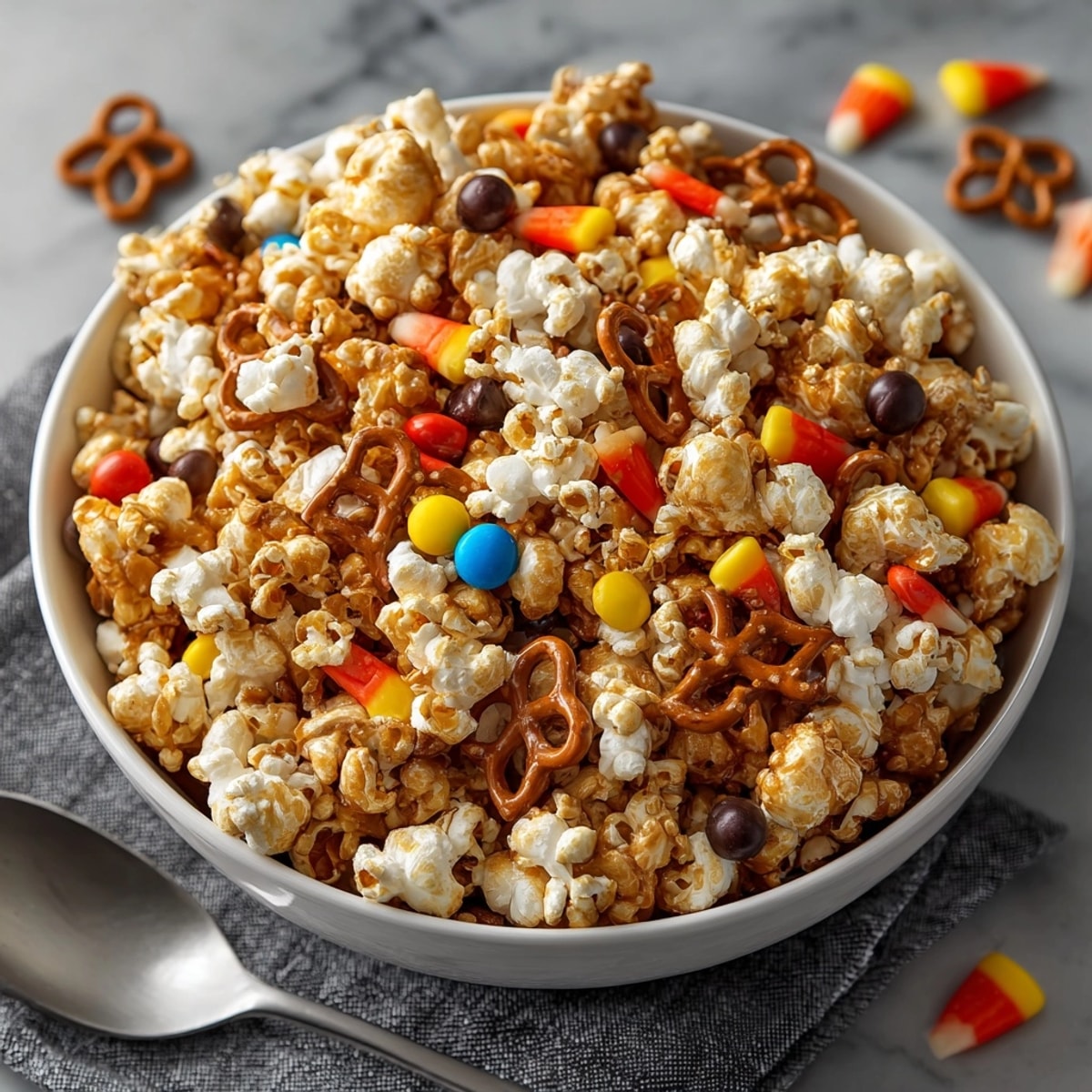 Golden brown Sweet & Salty Halloween Party Popcorn drizzled with sweet glaze and festive candies.