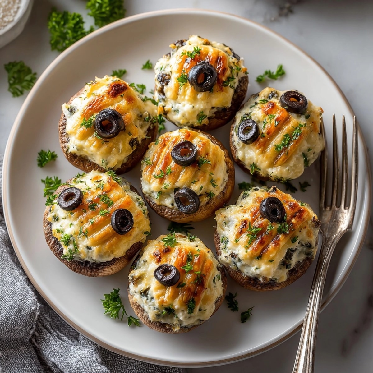 Festive Mummy Stuffed Mushrooms appetizer; warm, cheesy filling with olive eyes.