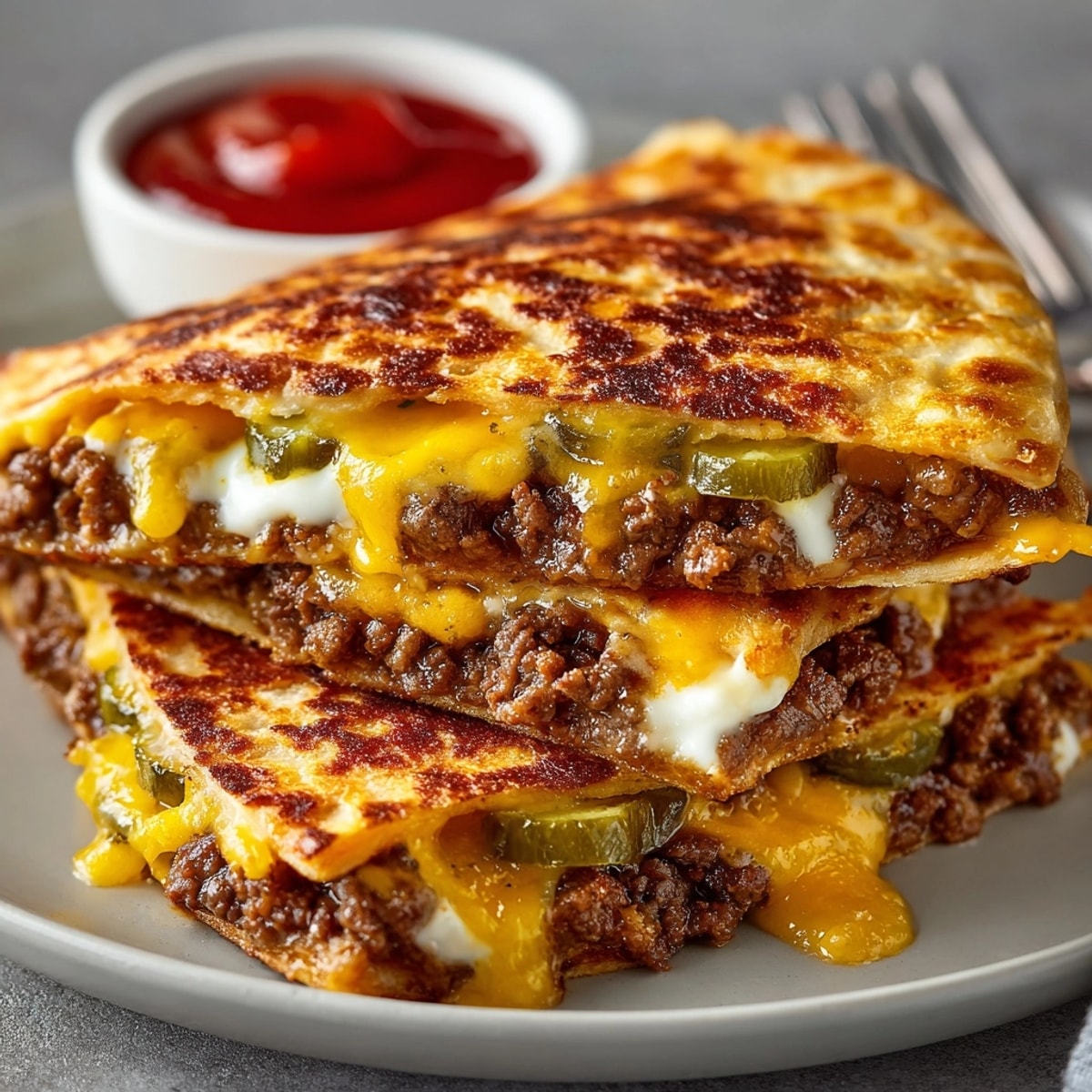 Step-by-step: making hot pressed Cheeseburger Quesadillas in pan, perfect quick meal recipe.