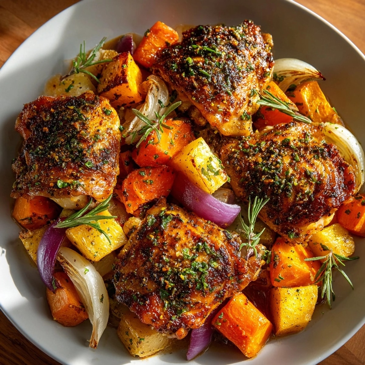 Golden One-Pan Roast Chicken with Root Vegetables, crispy skin, nestled among colorful, tender sweet potato.