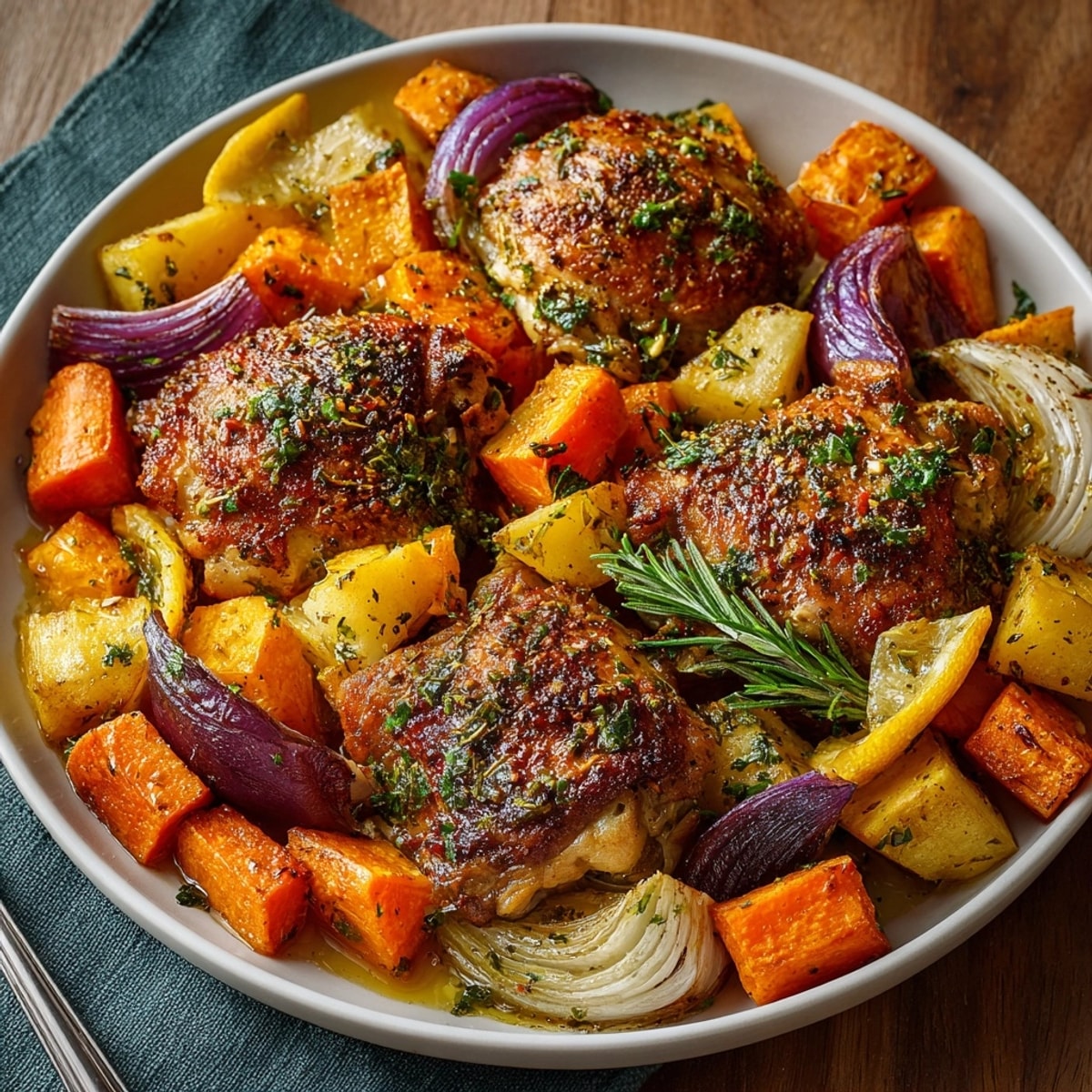 Rustic One-Pan Roast Chicken with Root Vegetables, rosemary aroma, baked until chicken juices mingle, a hearty dinner.