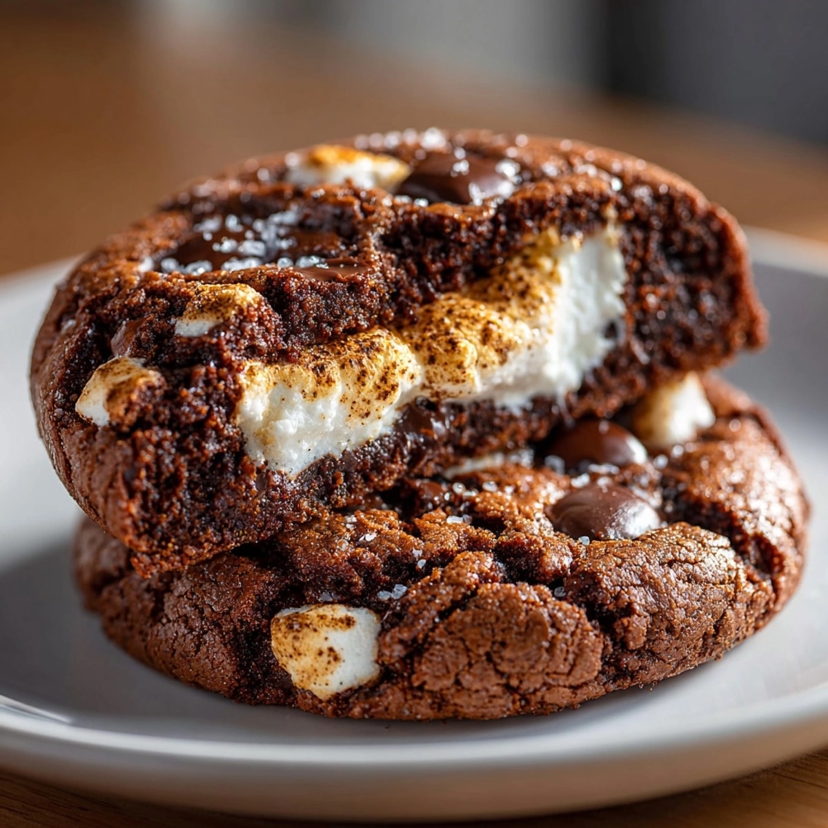 Warm, spiced hot chocolate cookies with gooey marshmallow centers, fresh from the oven.
