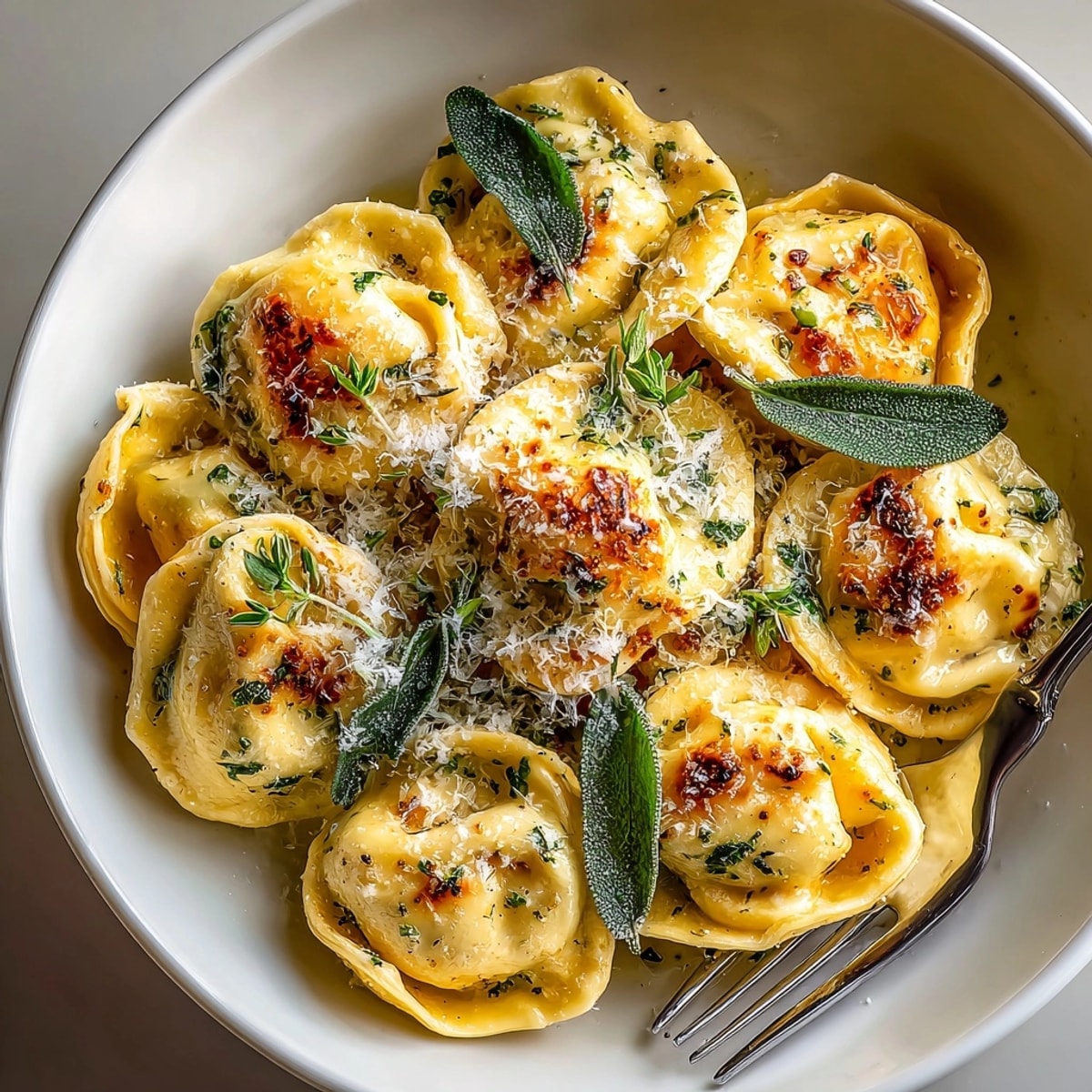 Golden Brown Butter Pumpkin Tortellini, fragrant sage, and parmesan cheese create a comforting fall meal.