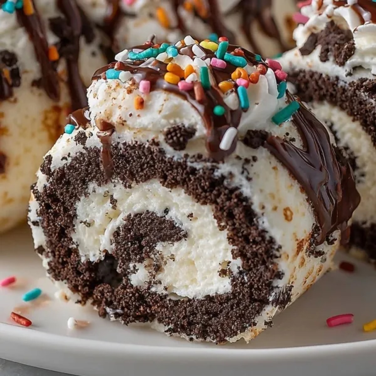 Close-up of Oreo Sushi Rolls with chocolate drizzle; chilled, sliced, ready to eat.