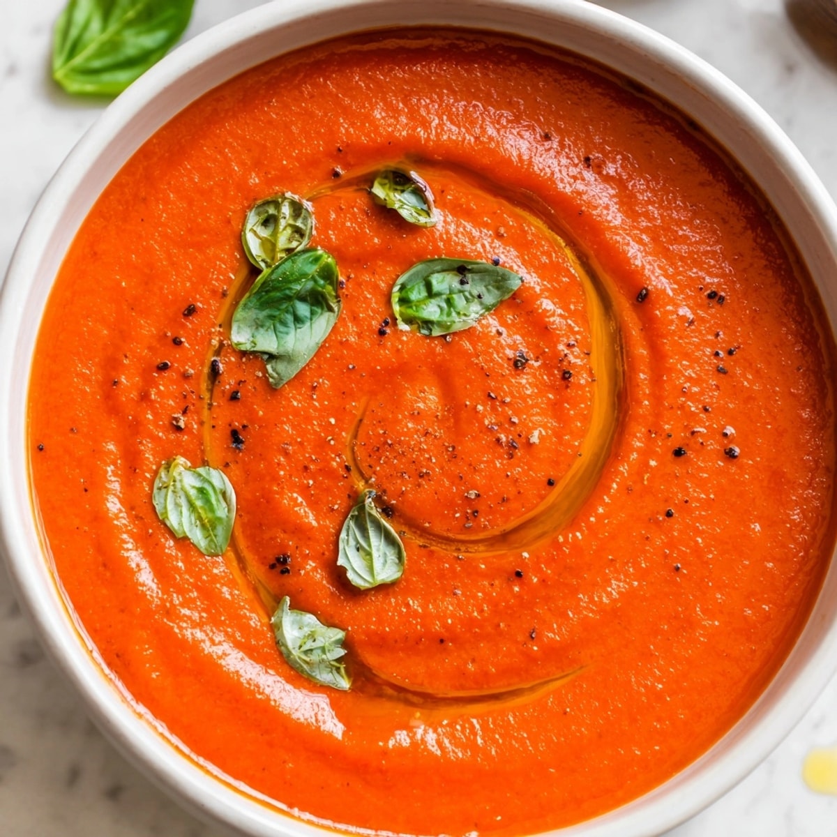 Close-up shows smoothly blended Tomato Basil Soup, a warm, fragrant bowl with fresh herbs.