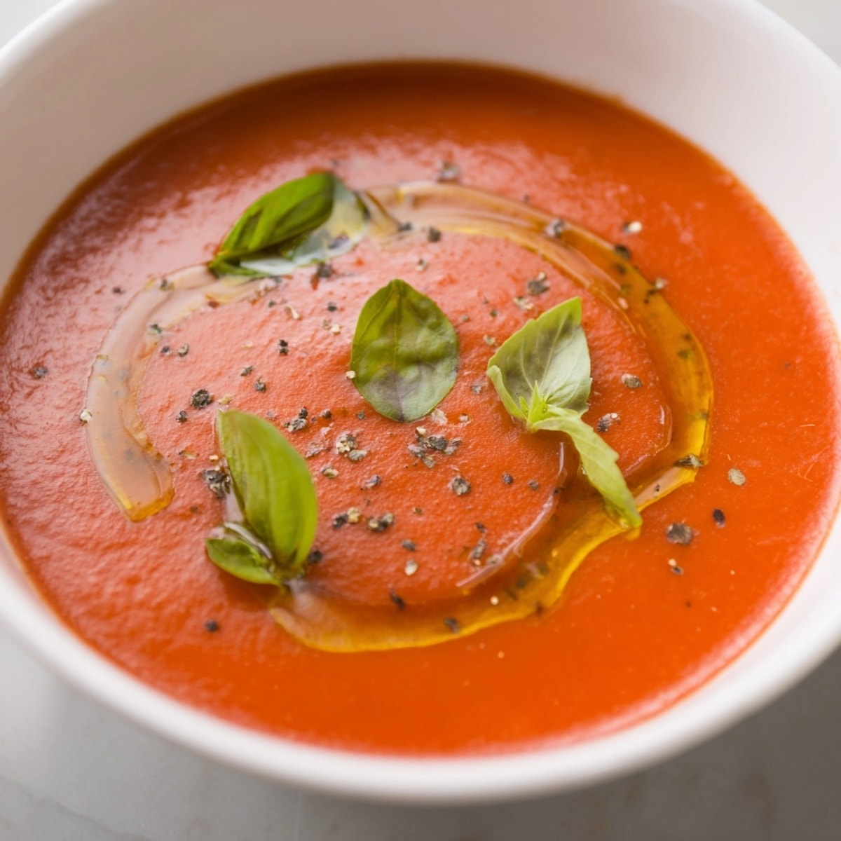Homemade Tomato Basil Soup recipe, a vibrant red puree, ready to be enjoyed with crusty bread.