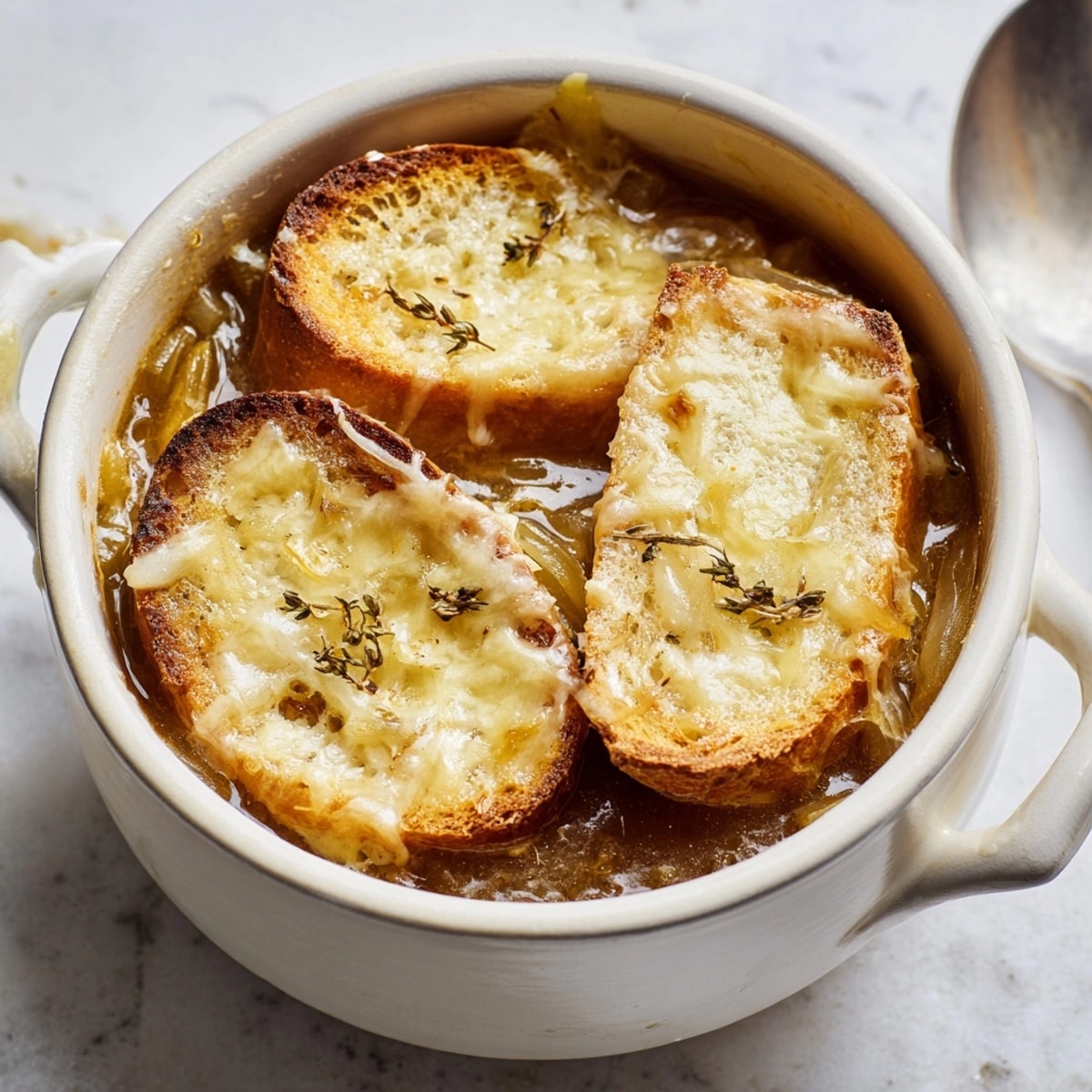Close-up of bubbling French Onion Soup, Gruyère cheese melted and deliciously browned.
