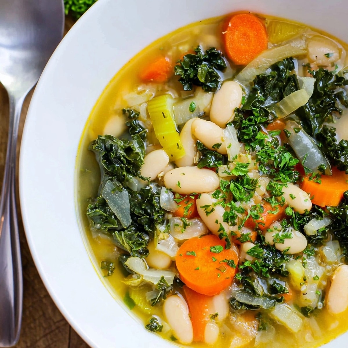 Creamy White Bean and Kale Soup simmers, a hearty vegetarian meal in a large pot.
