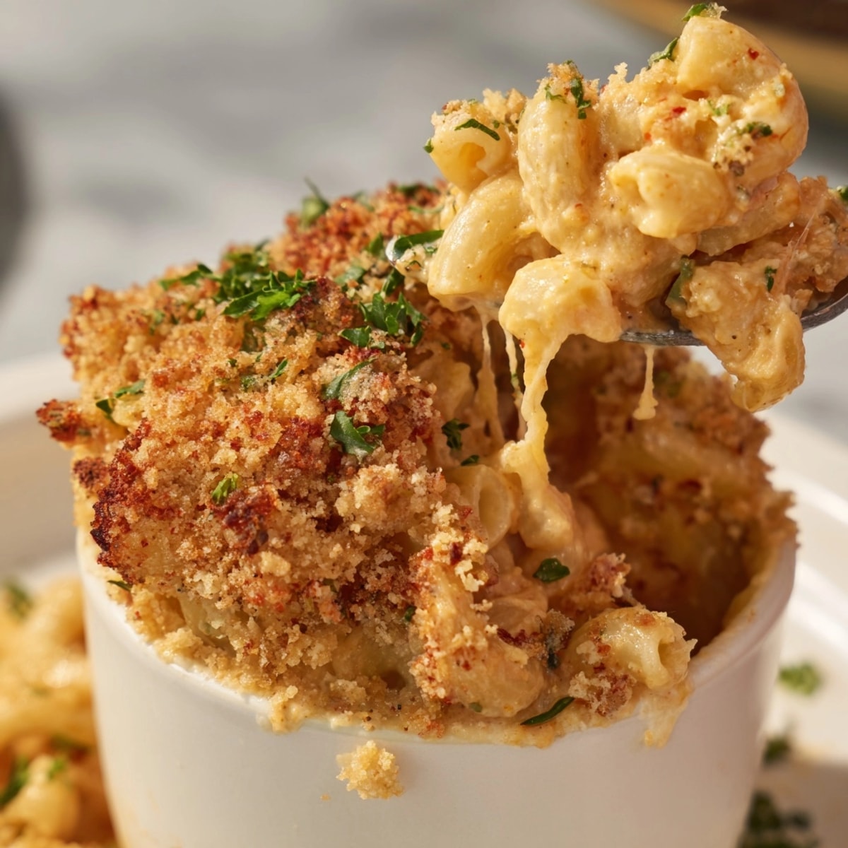 Golden Alfredo Roasted Red Pepper Mac Cups, baked in muffin tins, topped with breadcrumbs.