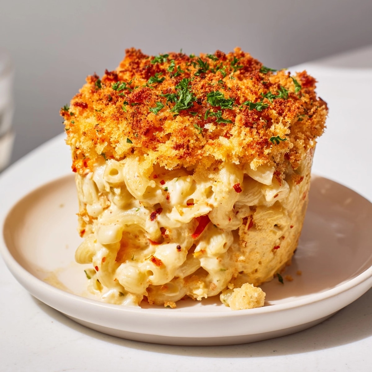 Miniature Alfredo Roasted Red Pepper Mac Cups arranged on a platter, garnished with fresh parsley.