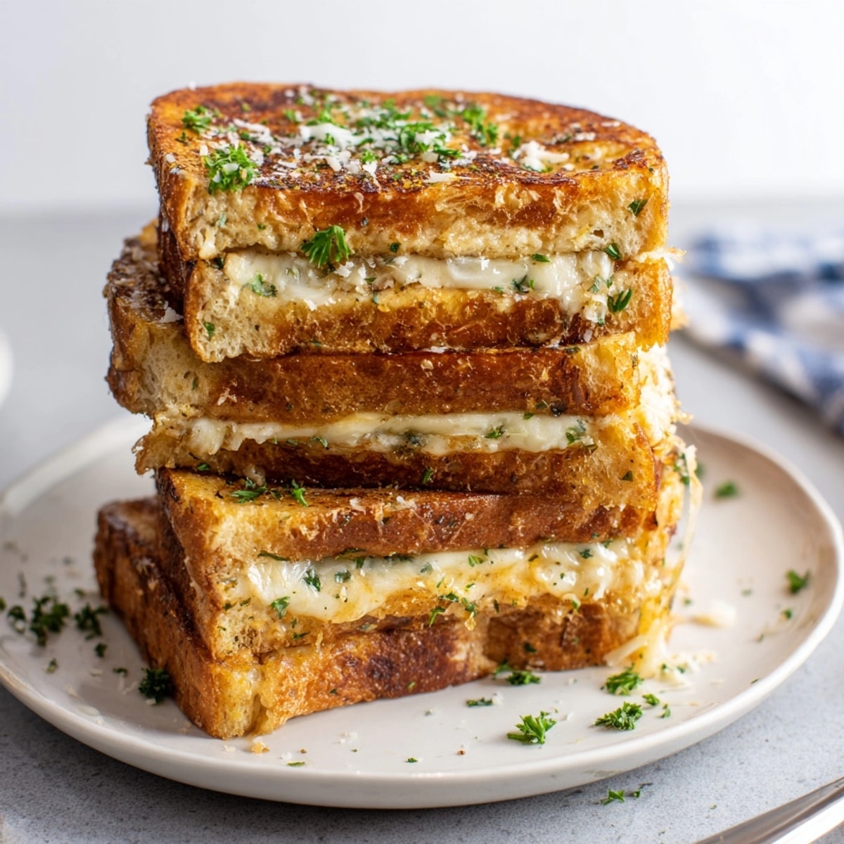 Golden-brown Cheesy Garlic French Toast Stacks sizzle in the pan, ready for brunch!
