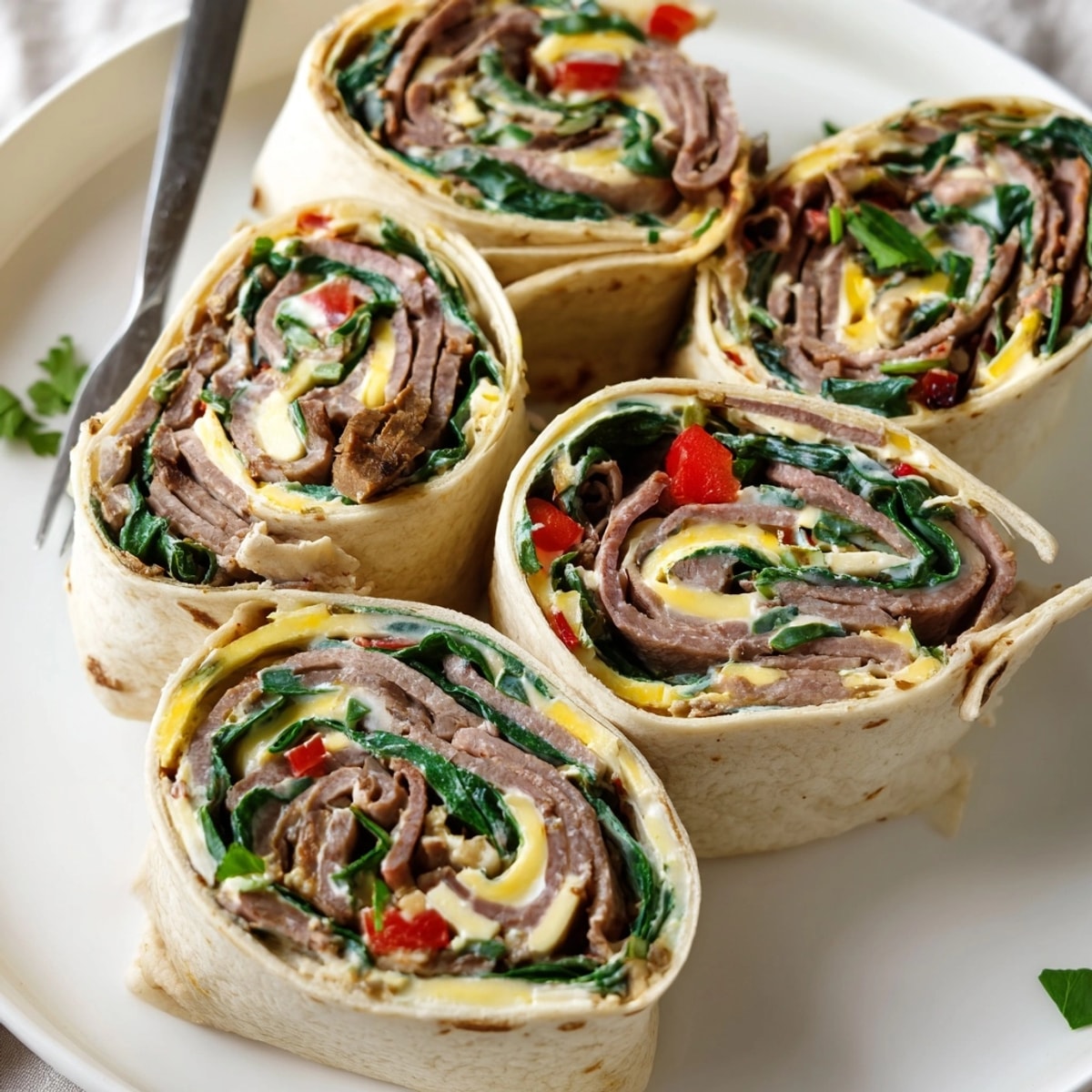 Close-up reveals vibrant Cajun Roast Beef Pinwheel Rolls, flavorful lunchbox snack idea.
