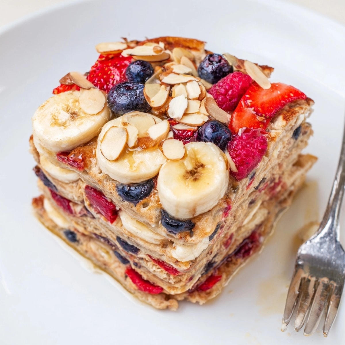 Warm, sweet Protein Berry Banana Pancake Bake with berries bursting, a delightful breakfast.