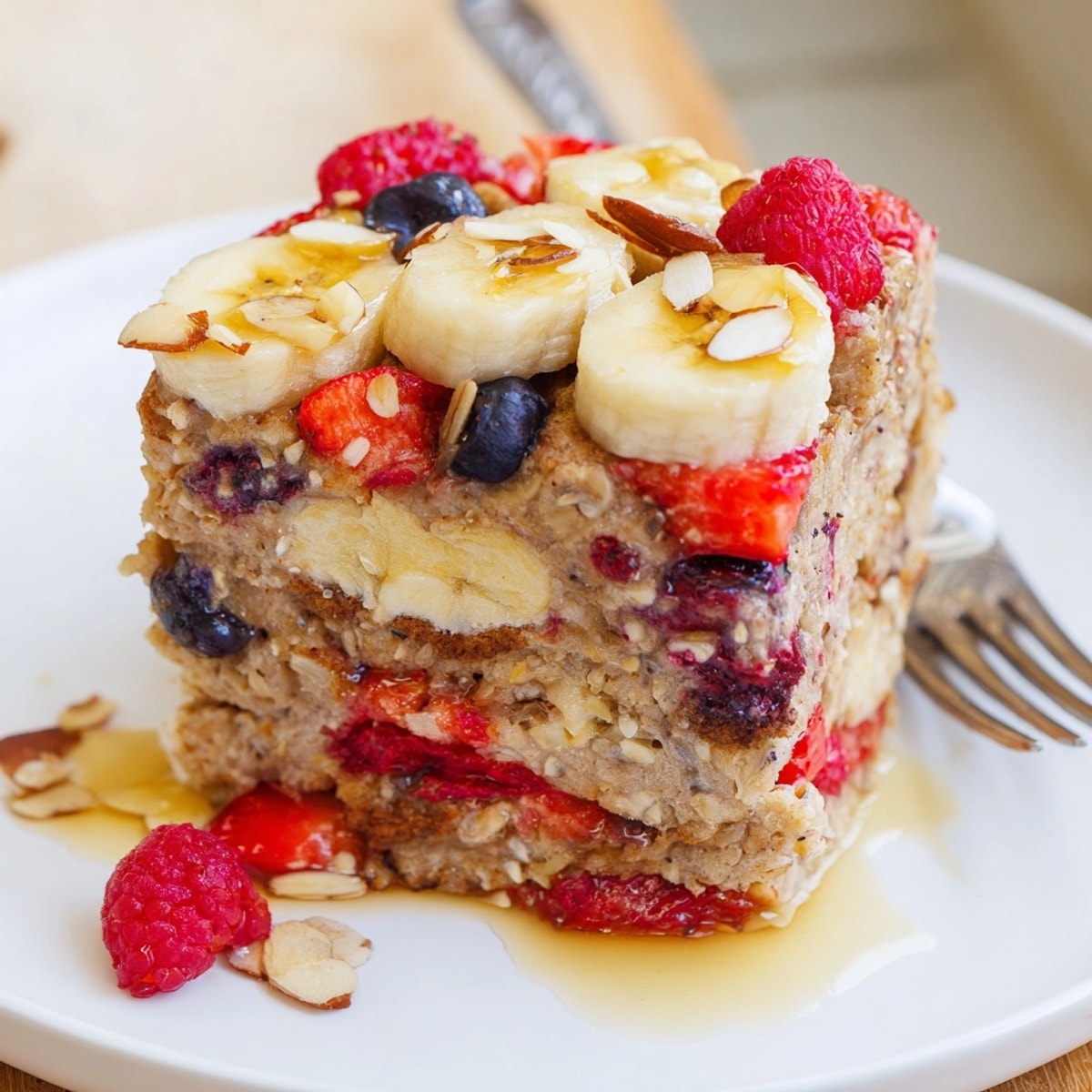 Fluffy Protein Berry Banana Pancake Bake casserole, perfect for breakfast, highlighted with almond topping.