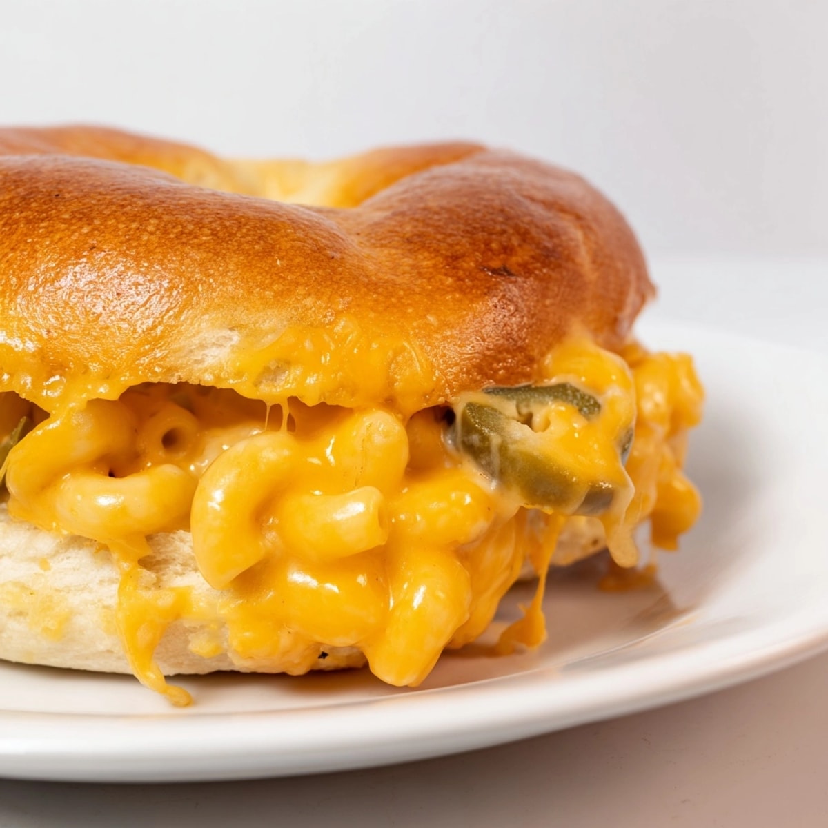 Close-up of golden Mac and Cheese Cheddar Jalapeño Bagels, oozing cheese, ready to eat.