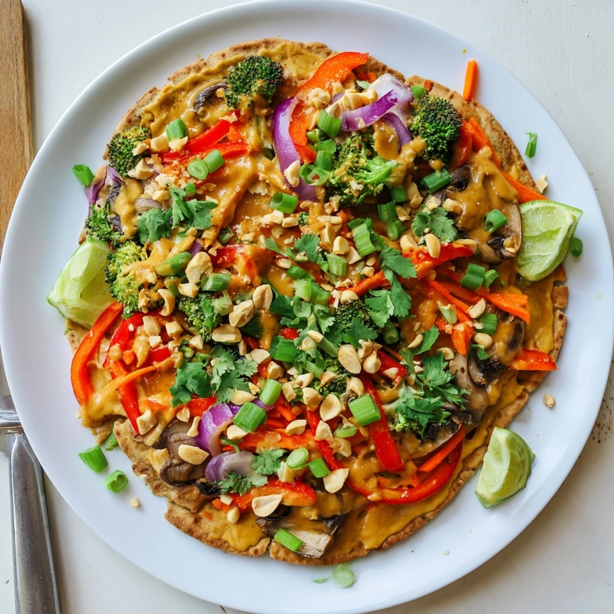 Golden-brown Thai Curry Veggie Pita Pizzas, hot from the oven, garnished with peanuts and cilantro.