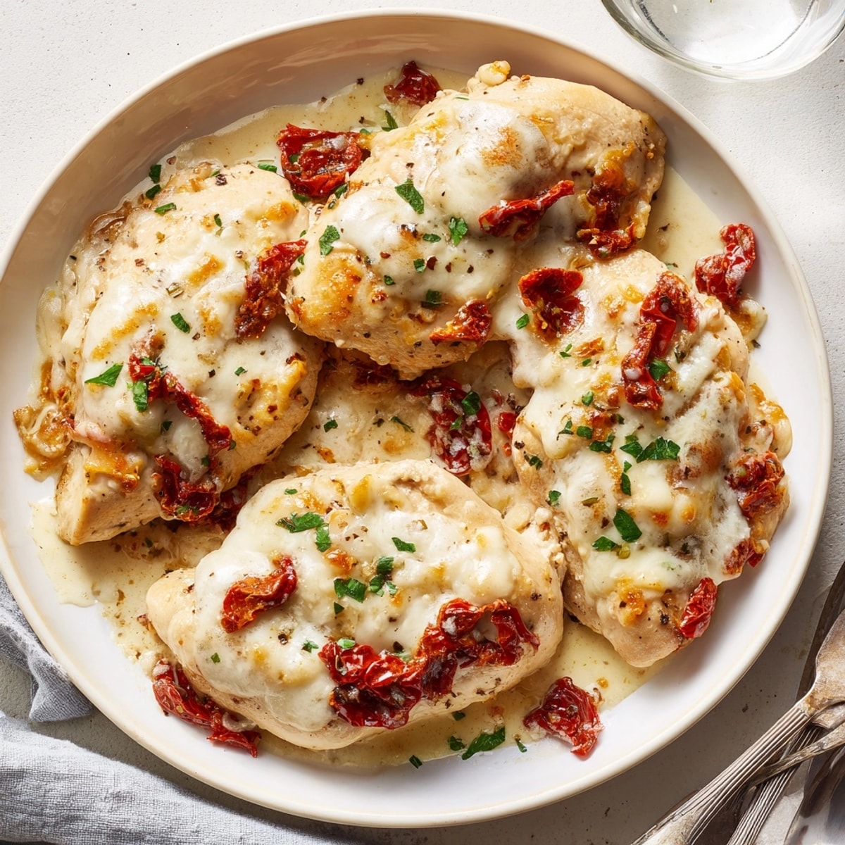Golden Alfredo Sundried Tomato Chicken Bake, bubbling hot, ready for weeknight dinner.