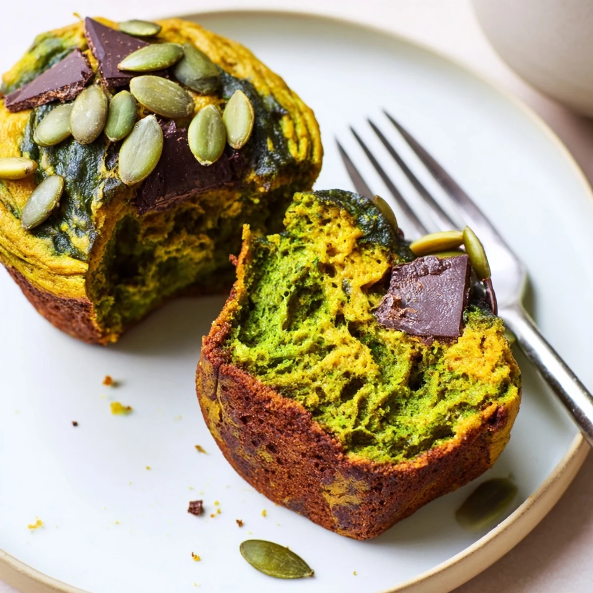Fluffy vegan matcha pumpkin muffins topped with pumpkin seeds, a healthy breakfast treat.  