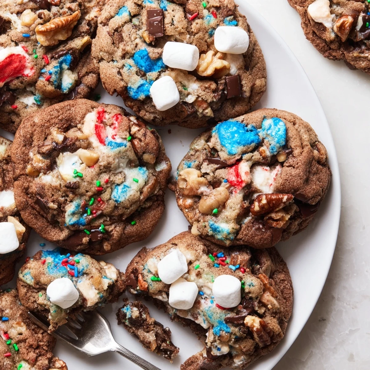 Chewy Loaded Rocky Road cookies with chocolate, nuts, and colorful holiday decorations.