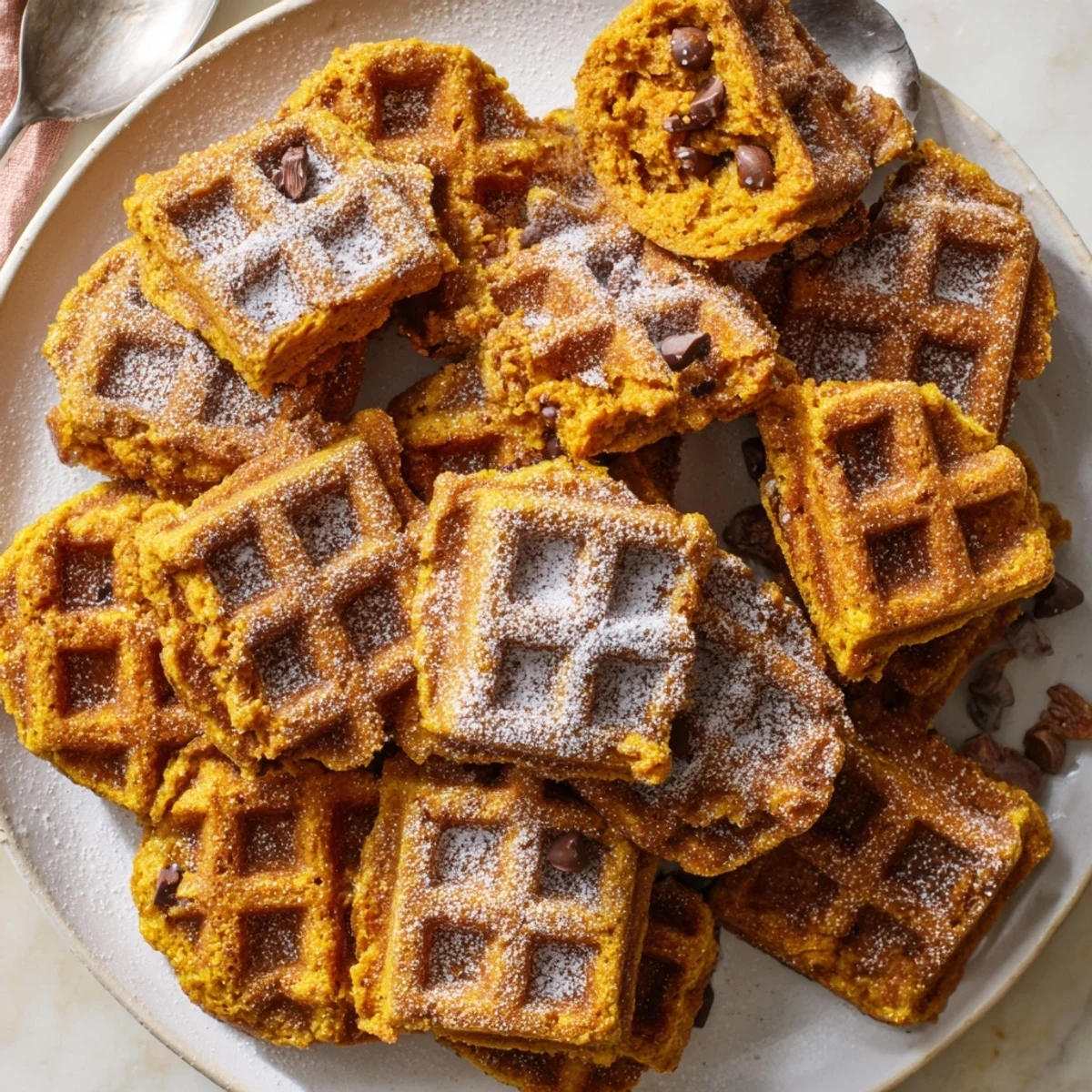 Soft pumpkin muffin waffle bites dusted with powdered sugar, ideal for breakfast.  