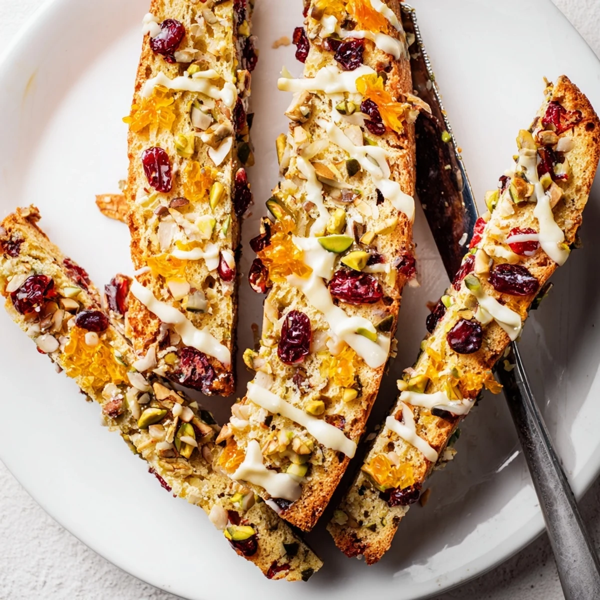 Twice-baked Festive Christmas Biscotti drizzled with white chocolate and served warm.