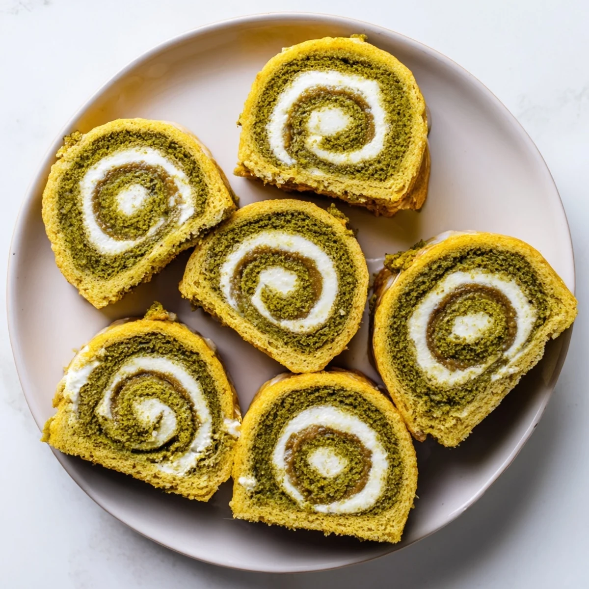 Fluffy matcha pumpkin muffin roulades rolled with creamy filling, perfect for autumn gatherings.  