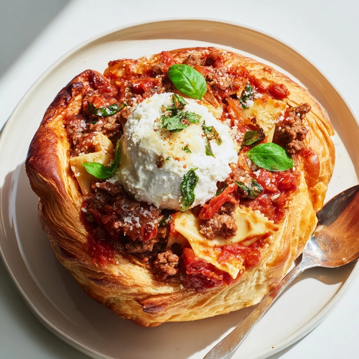 Hearty lasagne soup served in crispy croissant bowls, topped with creamy cheese mixture.