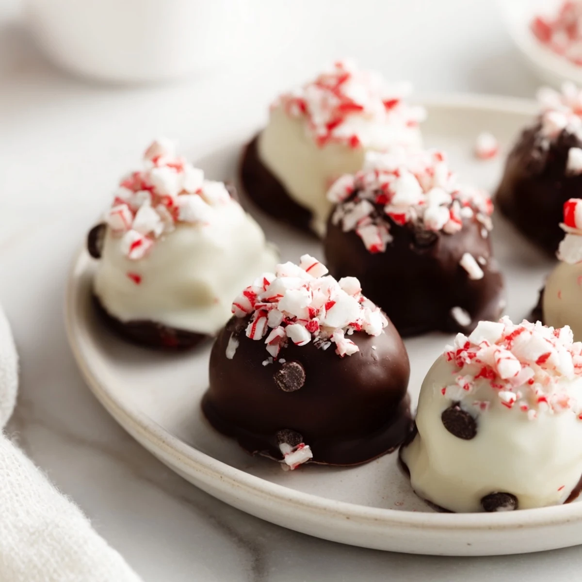 Indulgent Charcuterie Board Peppermint Bark Balls topped with peppermint and chocolate, a delightful seasonal treat.