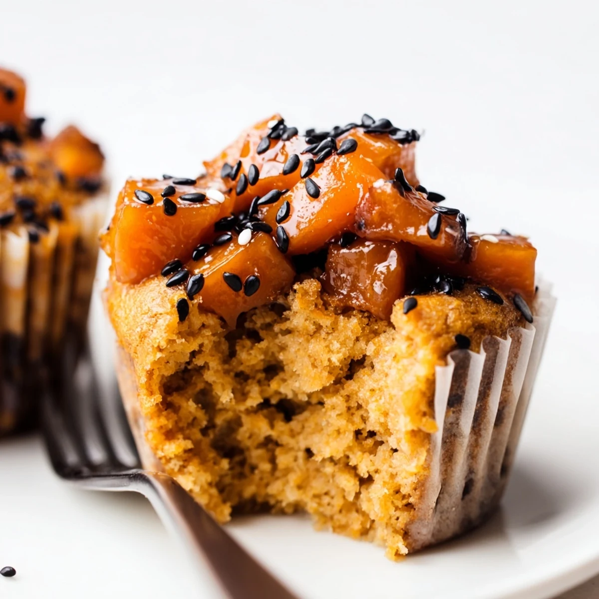 Moist Japanese Teriyaki Sweet Potato Muffins topped with sesame seeds and glaze.  