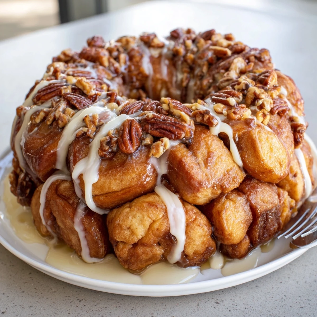 Warm, pull-apart Special Chaos Cake Monkey Loaf topped with sweet cinnamon and buttery glaze.