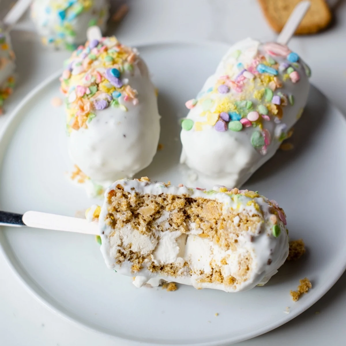 Delicious Cream Soda Spiced Biscuit Pops covered in white chocolate and sprinkles.  