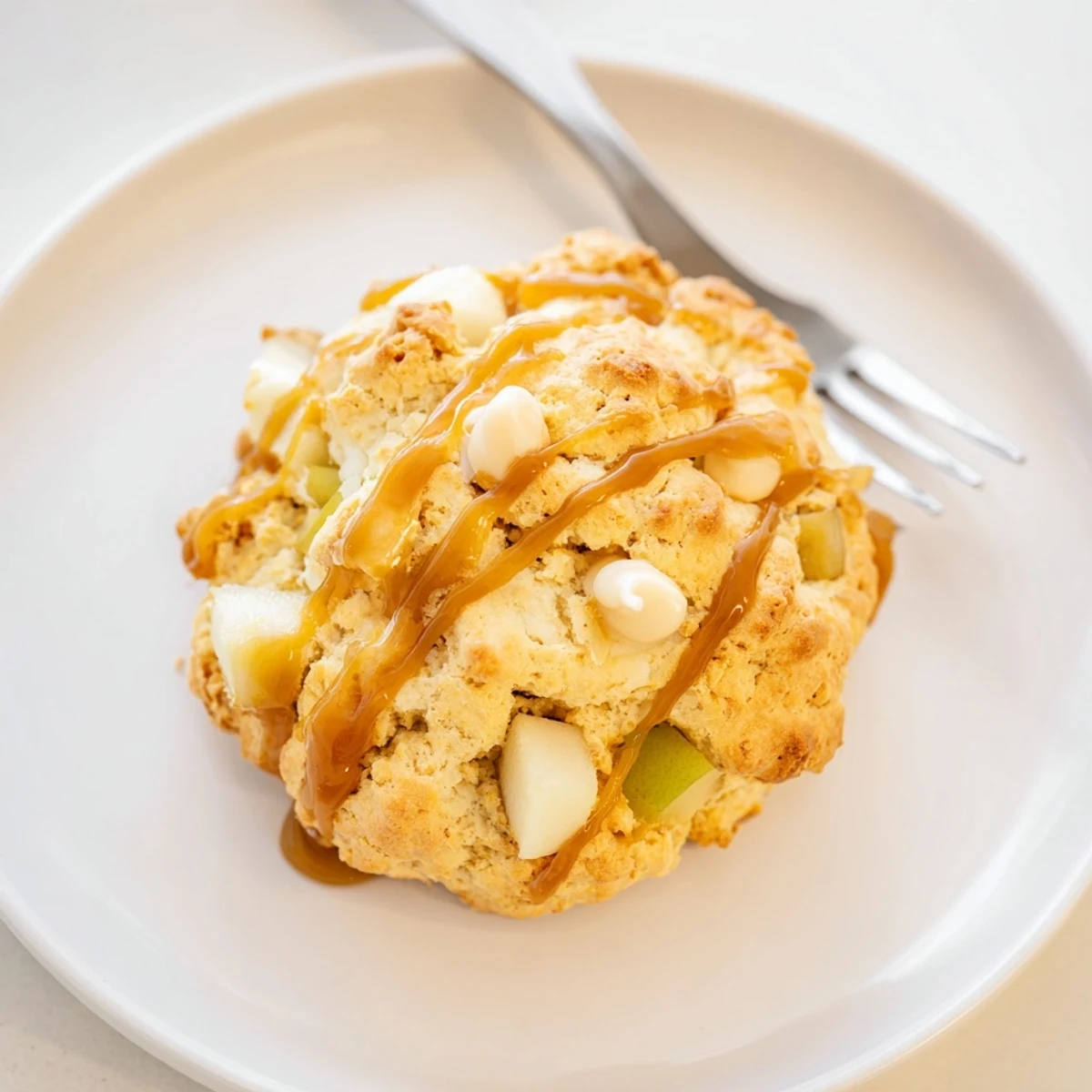 Tender Caramel Apple Butterscotch Drop Biscuits drizzled with warm caramel sauce.