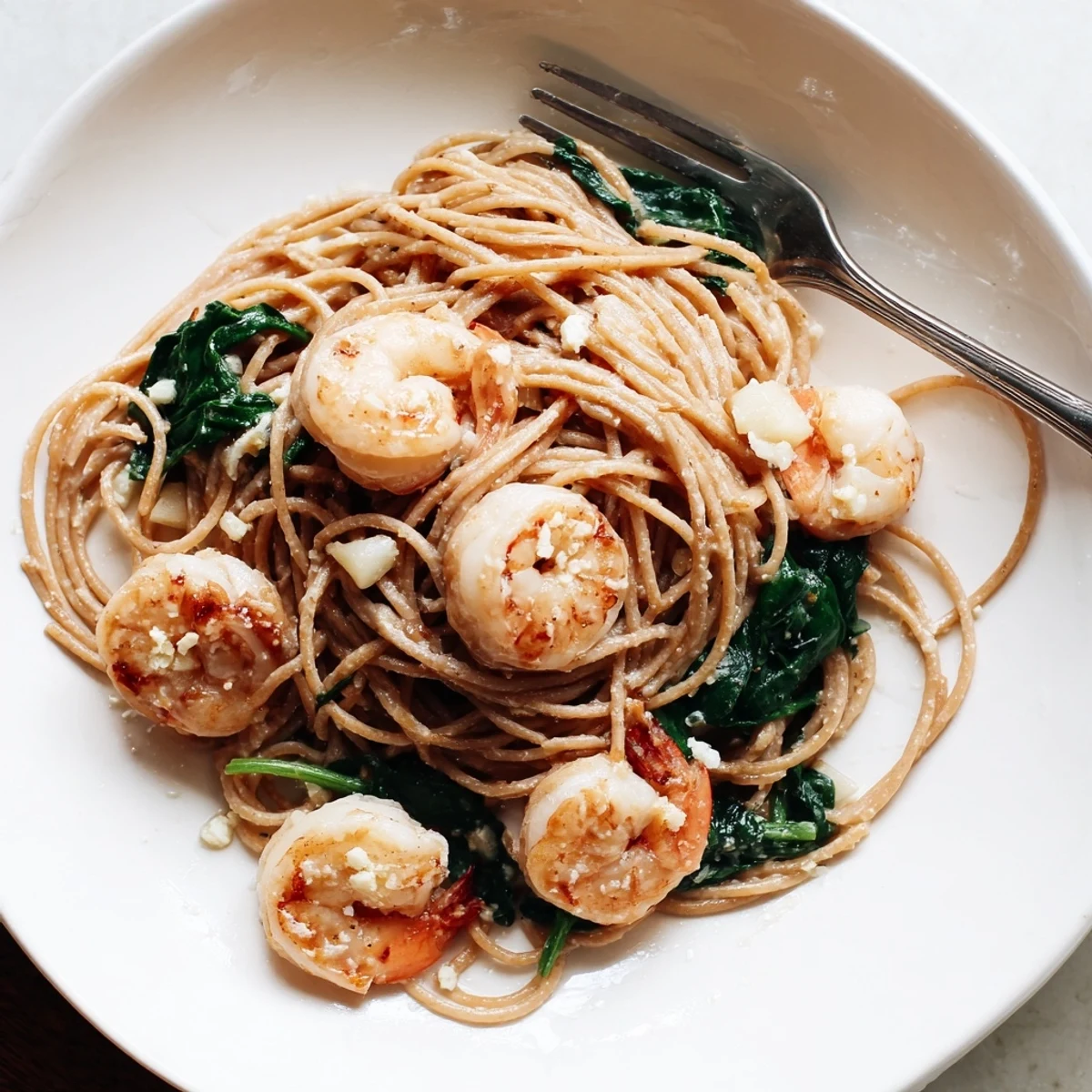 Dive into Creamy Garlic Shrimp Pasta with vibrant spinach and a creamy, garlicky blend.  