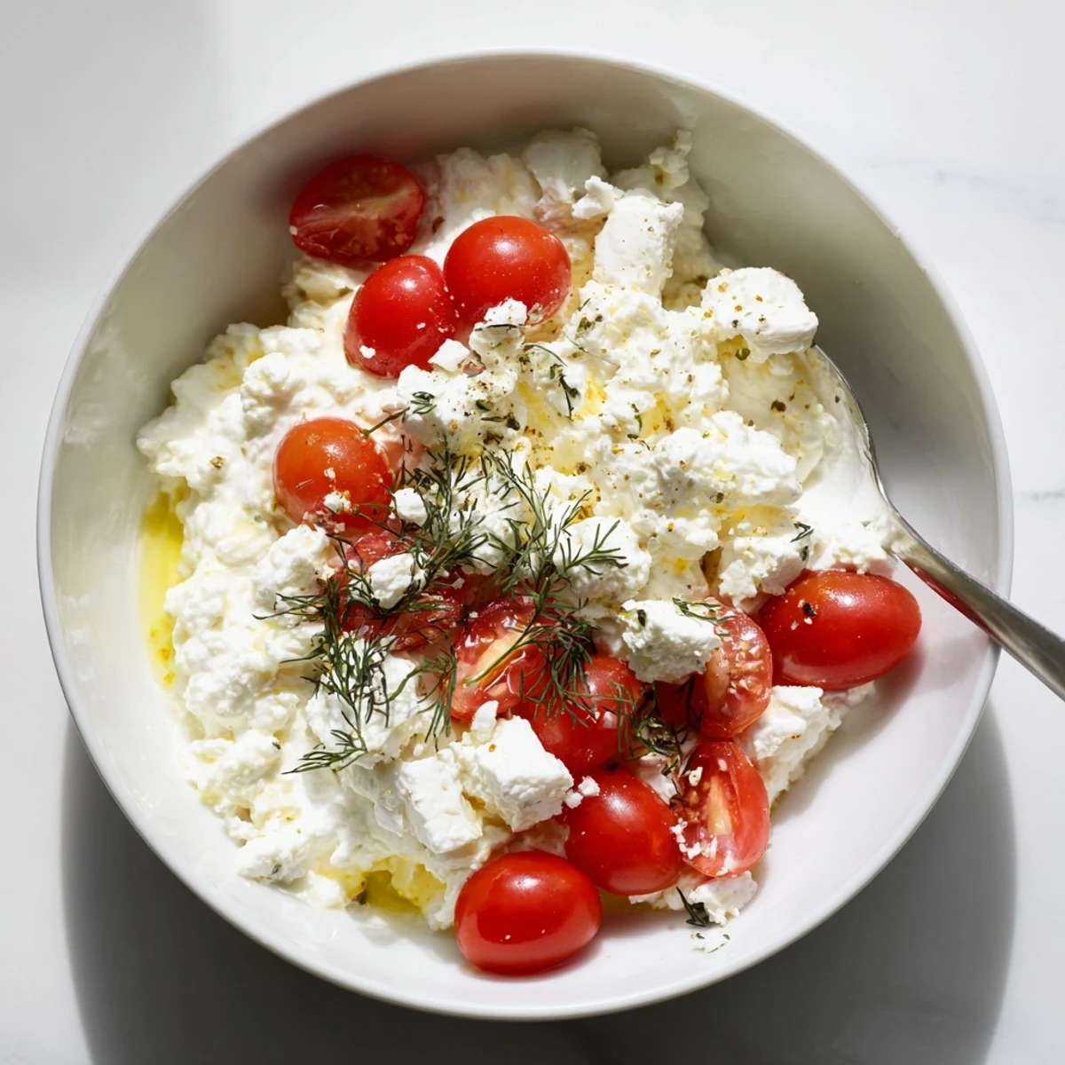 High-protein Savory Garlic & Feta Yogurt Bowl featuring vibrant Mediterranean flavors.
