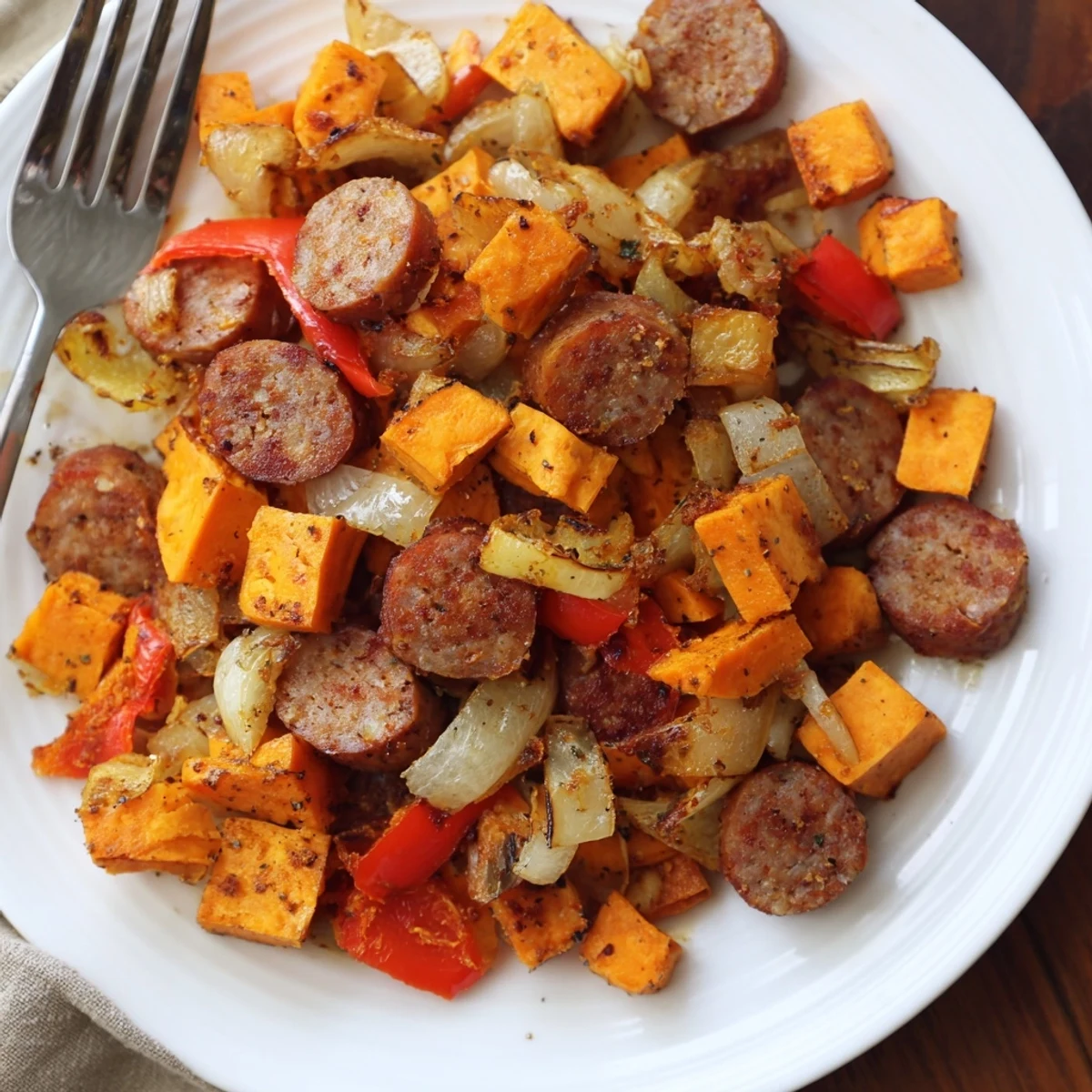 Spicy Cajun sausage and tender sweet potatoes create a delicious breakfast hash.  