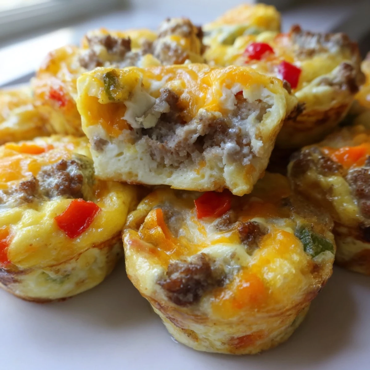 Cheesy Savory Sausage & Egg Bites served warm, ideal for meal prep mornings.  