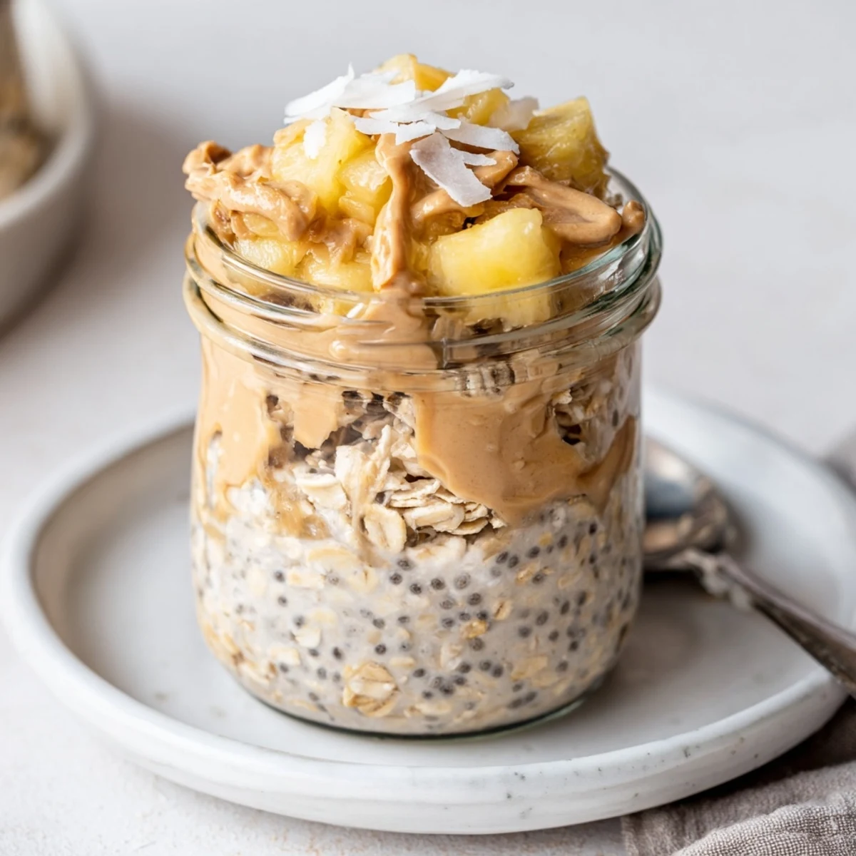 Delicious overnight oats with rich peanut butter and refreshing pineapple, perfect for breakfast.