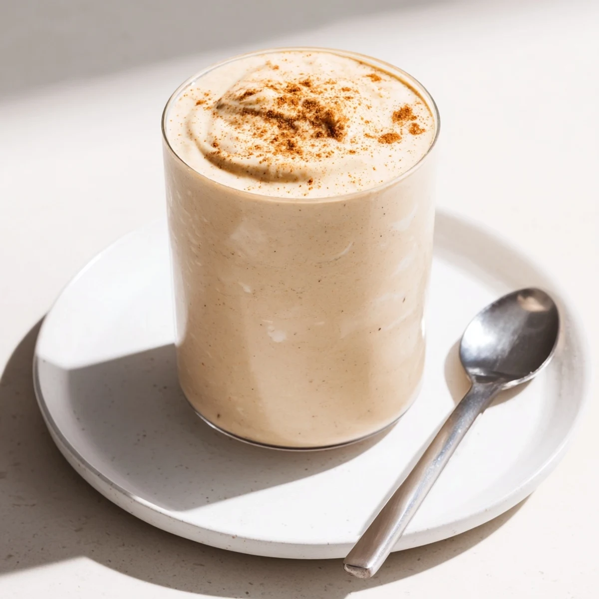 Creamy peanut butter banana protein smoothie garnished with a sprinkle of cinnamon.  