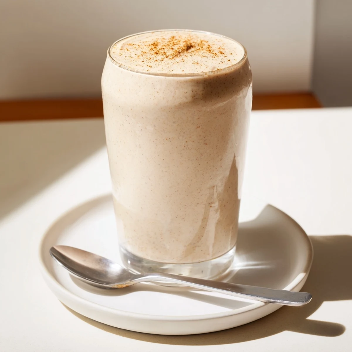 Rich and nutritious peanut butter banana protein smoothie in a tall glass, ready to sip.  