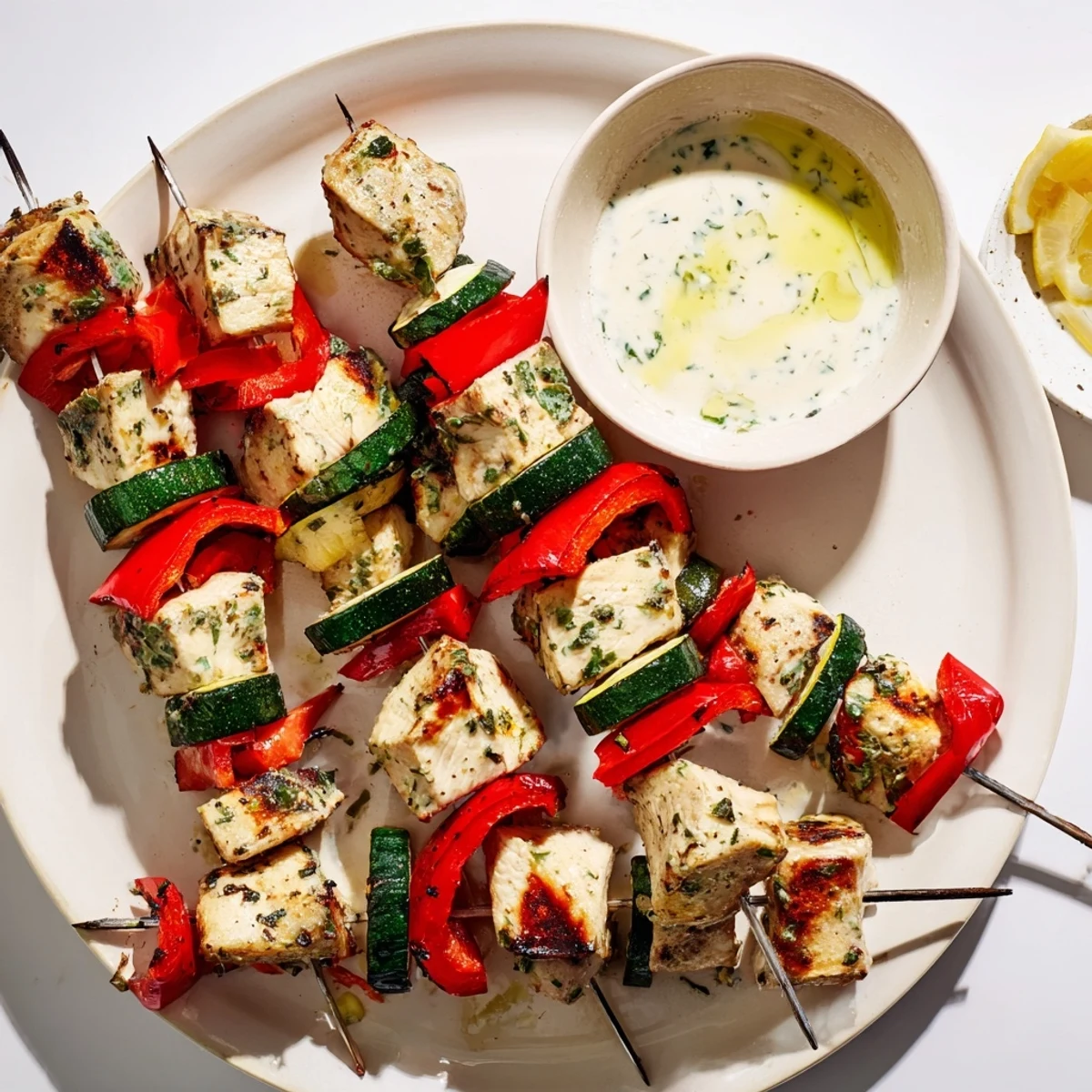 Grilled Chicken & Veggie Skewers served with a creamy herbed yogurt sauce.  