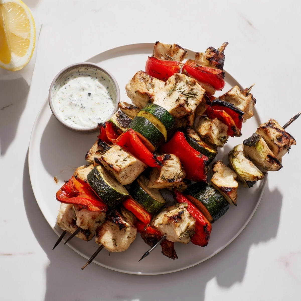 Juicy chicken and colorful veggies on skewers with garlic yogurt dip.  