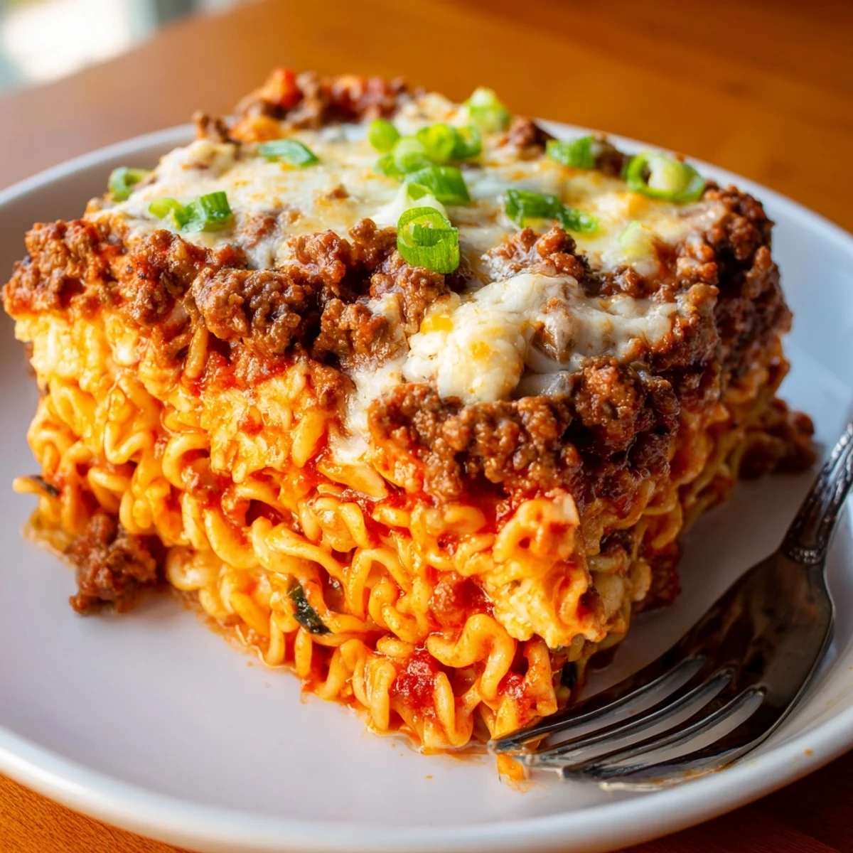 A comforting dish of Spicy Ramen Lasagna topped with melted mozzarella and fresh green onions.