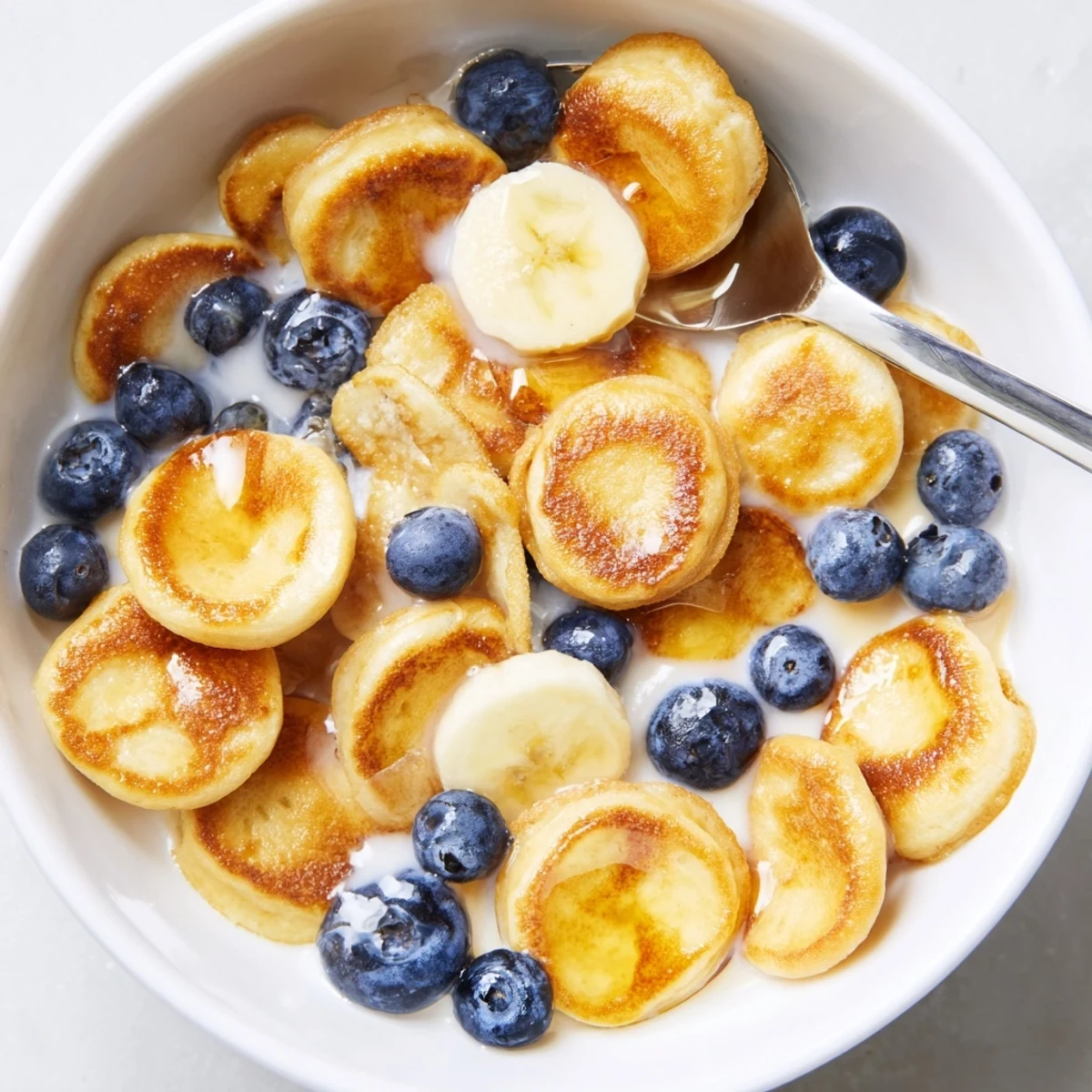 Delightful mini pancake cereal, crispy and fluffy, served with fresh berries and syrup.  