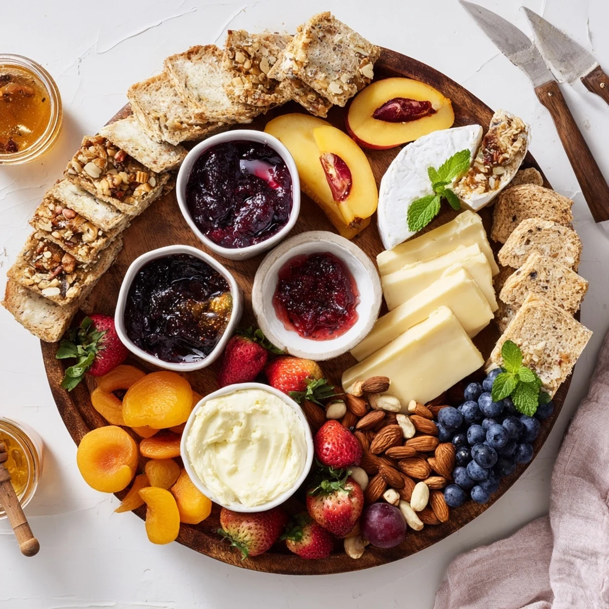 A colorful jam-infused brunch board with fresh fruit and artisan breads.  