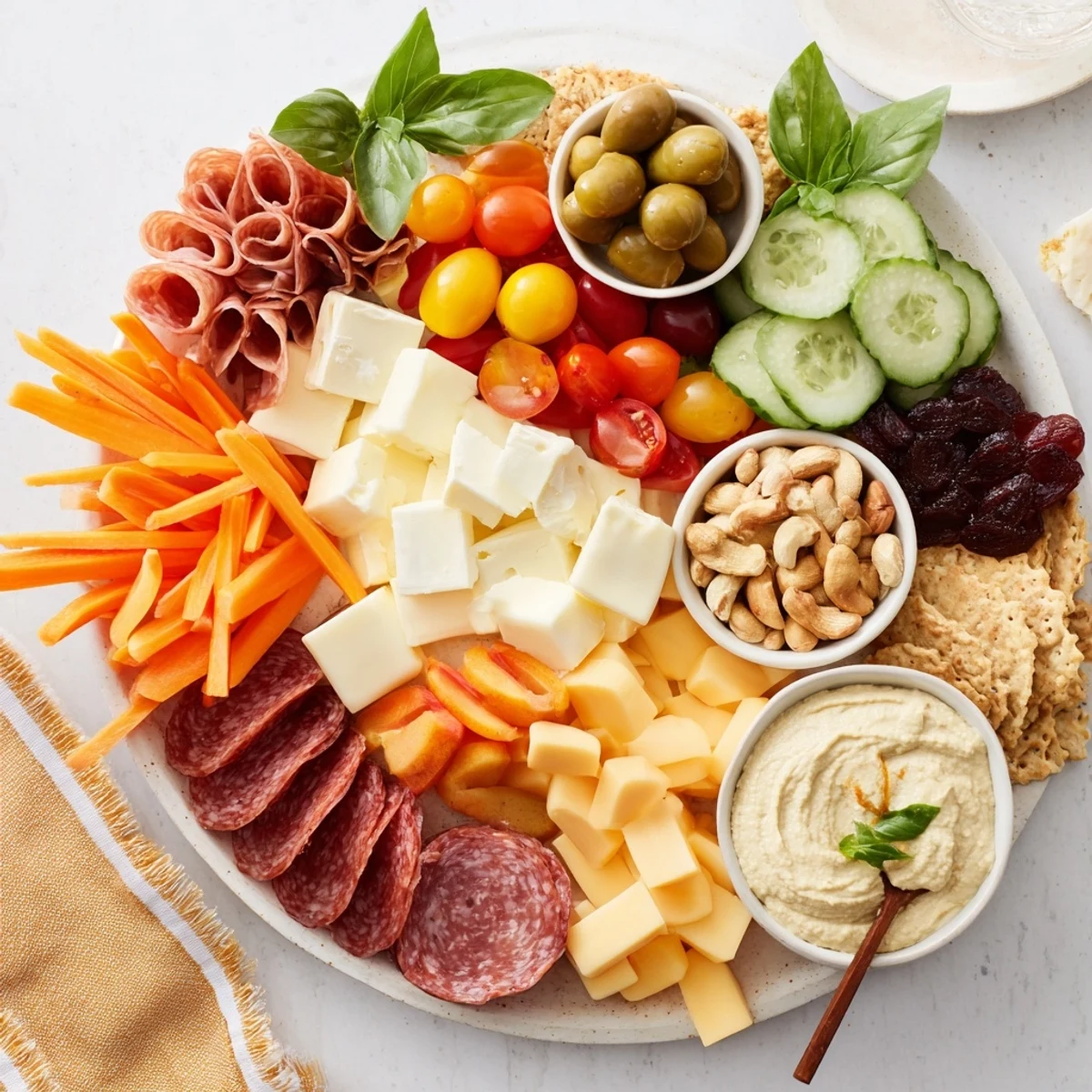 Savor the delicious textures of a playful Girl Dinner Platter filled with snacks and spreads.  