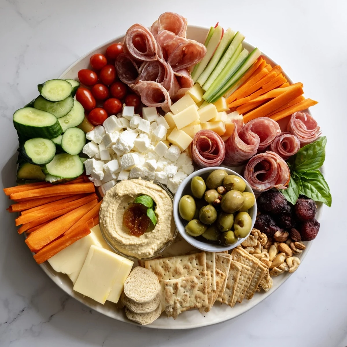 A vibrant Girl Dinner Platter with assorted cheeses, fruits, and colorful dips.  