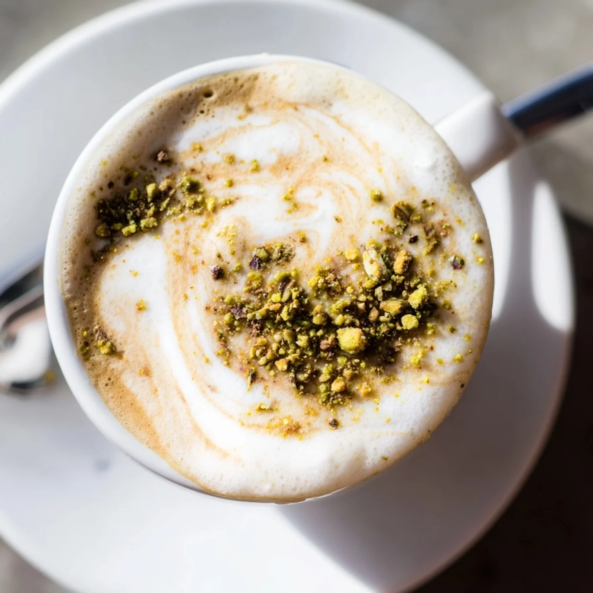 Creamy pistachio milk latte topped with crushed nuts for a delightful twist.  