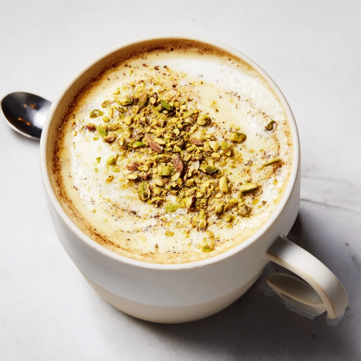 A frothy homemade pistachio milk latte, perfect for your morning coffee ritual.  